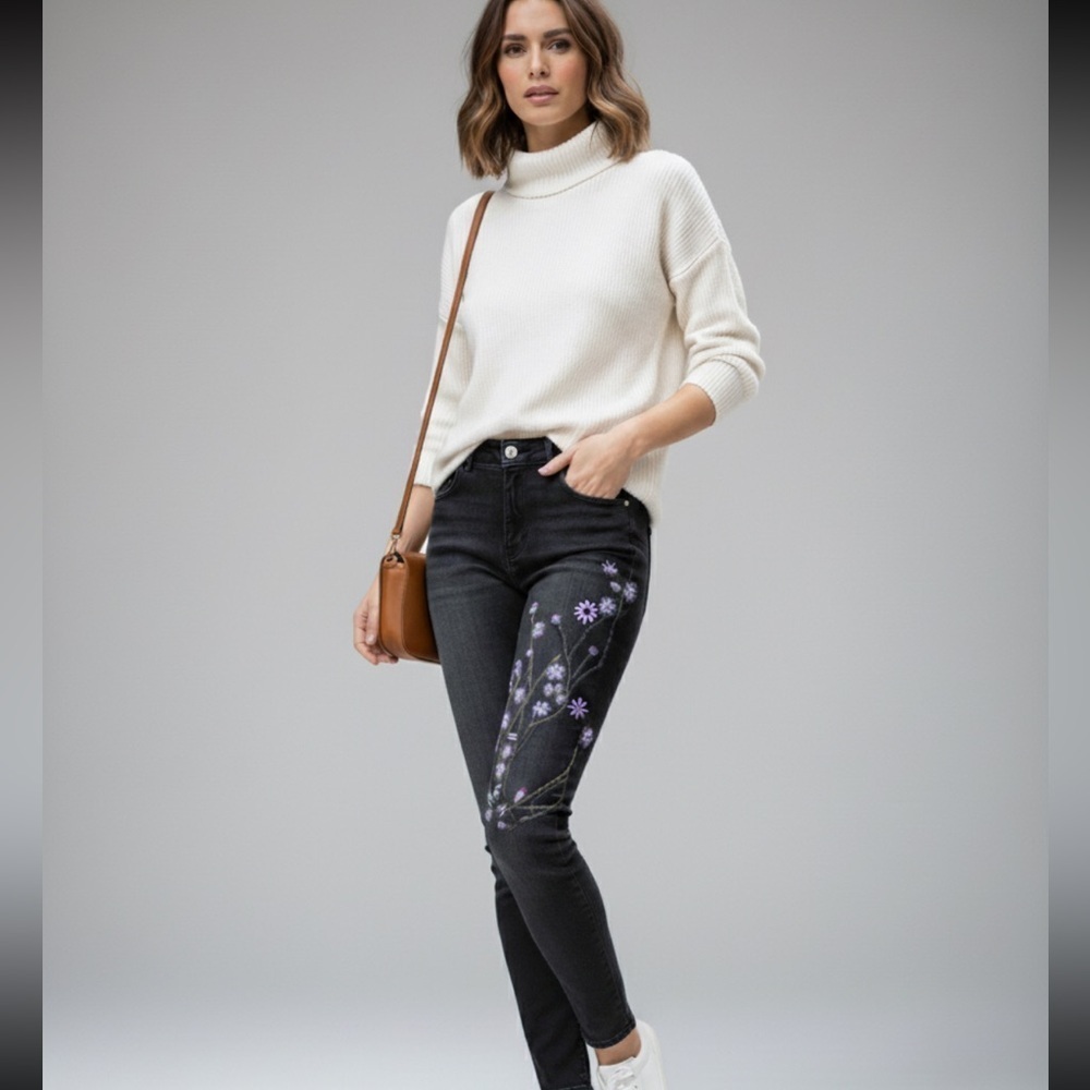 Zara Black Jeans with Purple Floral Design - Picture 1 of 11